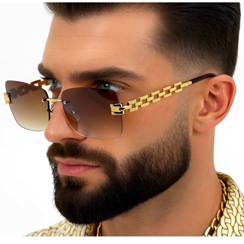 Men Sunglasses Square Gold Metal Frame‎ Brown Lens Hip Hop Street Shades Classic